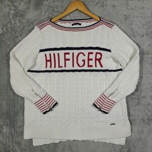 Vtg Tommy Hilfiger Sweater Womens Large Cable Knit Big Front Spell out White